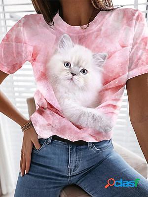 Women Casual Cat Printed Short Sleeves T-shirt