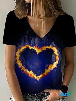 Women Casual Heart Printed Short Sleeves V-neck T-shirt