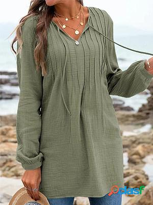 Women Casual Linen V Neck Long Sleeves Blouse