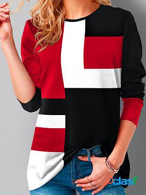 Women Casual Long Sleeves Color-block Crew Neck T-shirt