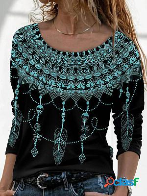 Women Casual Long Sleeves Printed Crew Neck T-shirt
