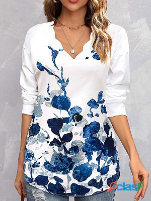 Women Casual Long Sleeves Printed V Neck T-shirt