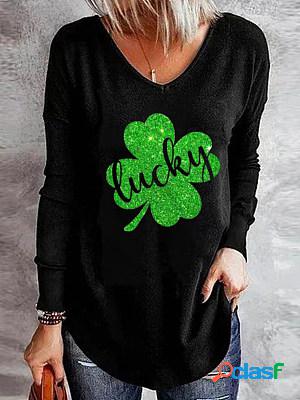 Women Casual Long Sleeves Round Neck Letters Printed T-shirt