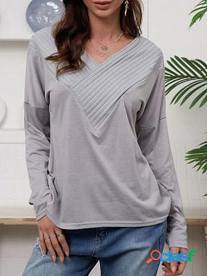 Women Casual Long Sleeves V-neck Solid T-shirt