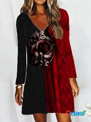Women Casual Long Sleeves V-neck Zipper Short Dress