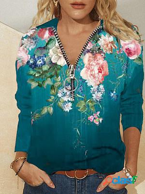 Women Casual Long Sleeves Zipper Printed T-shirt