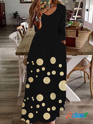 Women Casual Printed Long Sleeves V Neck Maxi Dress