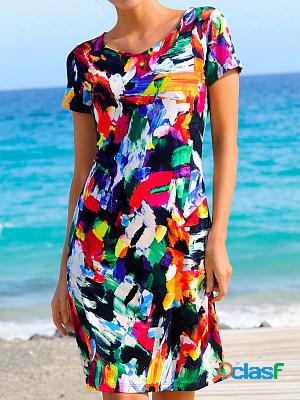 Women Casual Printed Round Neck Short Sleeves Short Dress