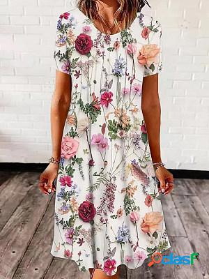 Women Casual Printed Short Sleeves Round Neck Midi Dress