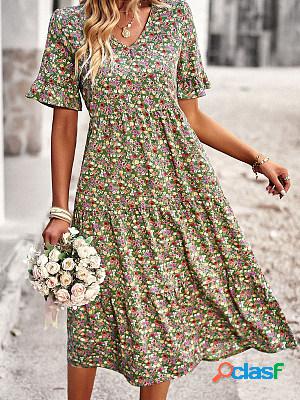 Women Casual Printed V Neck Short Sleeves Midi Dress