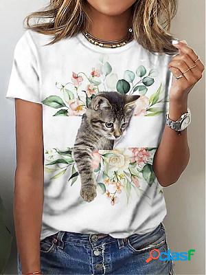 Women Casual Round Neck Short Sleeves Printed T-shirt