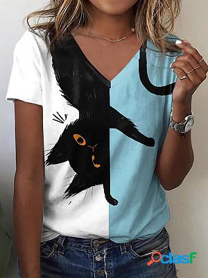 Women Casual Short Sleeves Cat Printed V-neck T-shirt