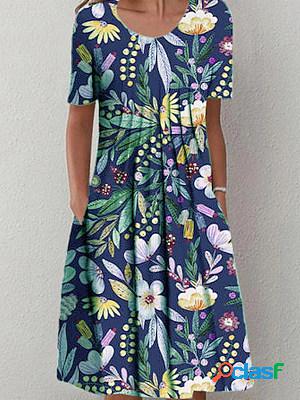 Women Casual Short Sleeves Floral Printed Round Neck Midi