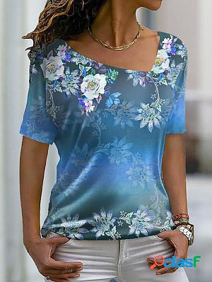 Women Casual Short Sleeves Floral Printed V Neck T-shirt