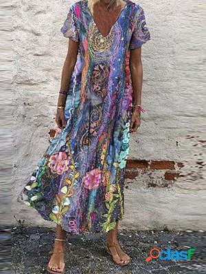 Women Casual Short Sleeves Printed Maxi Dress