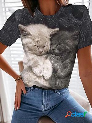 Women Casual Short Sleeves Round Neck Cat Printed T-shirt