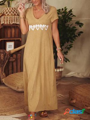 Women Casual Short Sleeves V Neck Letters Printed Maxi Dress
