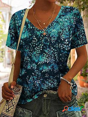 Women Casual Short Sleeves V Neck Printed T-shirt