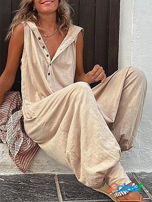 Women Casual Sleeveless Buttoned Hoodie Jumpsuits