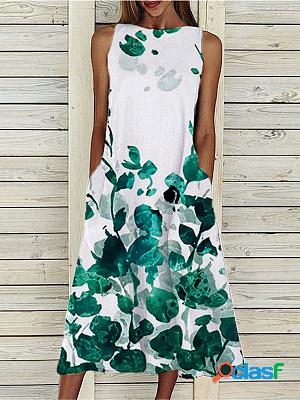 Women Casual Sleeveless Printed Pockets Midi Dress