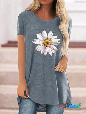 Women Round Neck Short Sleeves Floral Printed Casual T-shirt
