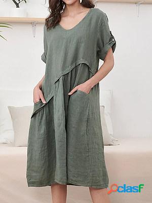 Women Short Sleeves Linen V Neck Pockets Midi Dress