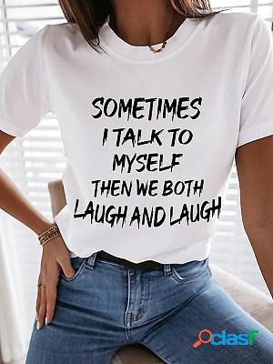 Women Short Sleeves Round Neck Letters Printed T-shirt