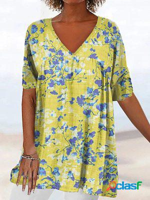 Women Short Sleeves V Neck Floral Printed Casual Loose