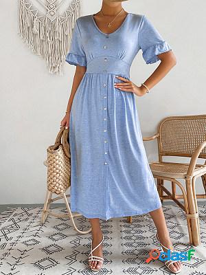 Women Solid V Neck Short Sleeves Midi Dress