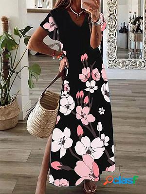 Women V Neck Short Sleeves Floral Printed Slit Maxi Dress