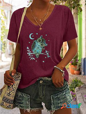 Women V Neck Short Sleeves Printed Casual T-shirt