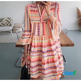 Womens Casual Dress Boho Dress Mini Dress Yellow Striped 3/4