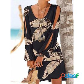 Womens Casual Dress Leaf Floral Print Dress Loose Dress U