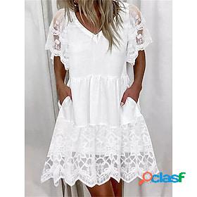 Womens Casual Dress Plain Lace Dress Plain Dress V Neck Mesh