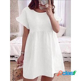 Womens Casual Dress Plain Loose Dress Pleated Dress Crew