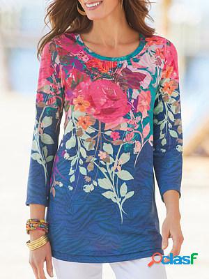 Women's Casual Floral Printed Long Sleeves Round Neck
