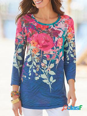 Womens Casual Floral Printed Long Sleeves Round Neck T-shirt