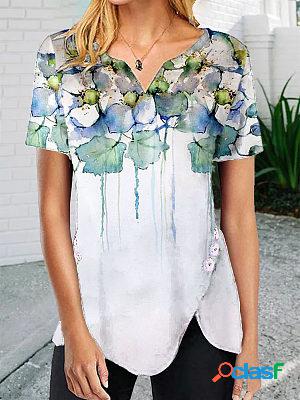 Womens Casual V-neek Flower Print Top