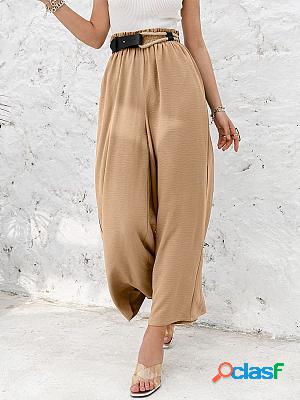 Womens Pure Color High-waist Loose Casual Wide Leg Pants