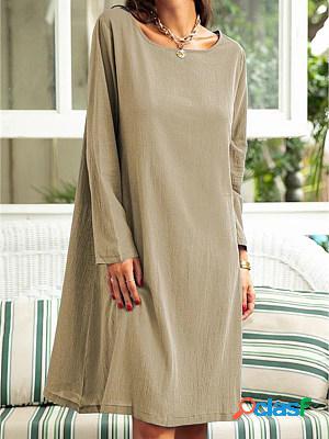 Womens Pure Color Round Neck Long-sleeves Midi Dress