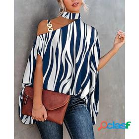 Womens Shirt Blouse Blue Patchwork Print Striped Daily Short