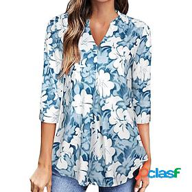 Women's Shirt Blouse Light Blue claret Black Print Floral