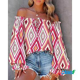 Women's Shirt Blouse White Pink Red Lace up Print Geometric