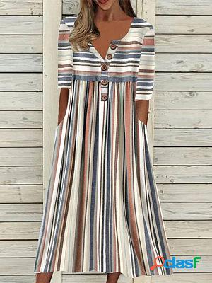 Women's Striped Print Half Sleeve V Neck Maxi Dress