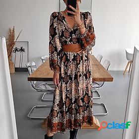 Womens Swing Dress Boho Dress Midi Dress Red Brown Green