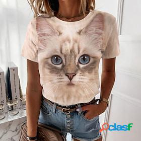 Womens T shirt Tee Beige Print Cat 3D Casual Holiday Short