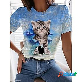 Women's T shirt Tee Black Blue Gray Print Cat 3D Daily