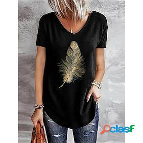 Women's T shirt Tee Black Blue Green Feather Home Casual