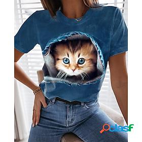 Women's T shirt Tee Black Blue Light Blue Print Graphic Cat