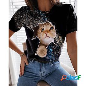 Women's T shirt Tee Black Blue Print Cat 3D Casual Weekend